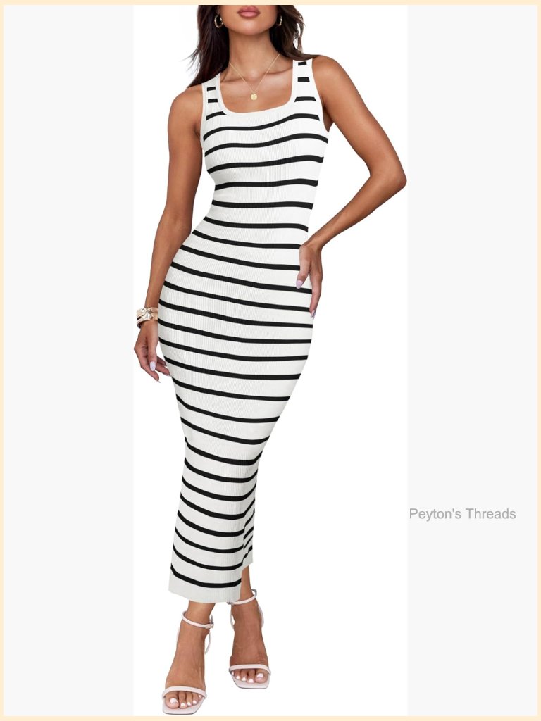 Square Neck Bodycon Midi Dress Sleeveless Ribbed Knit Striped Beach Vacation